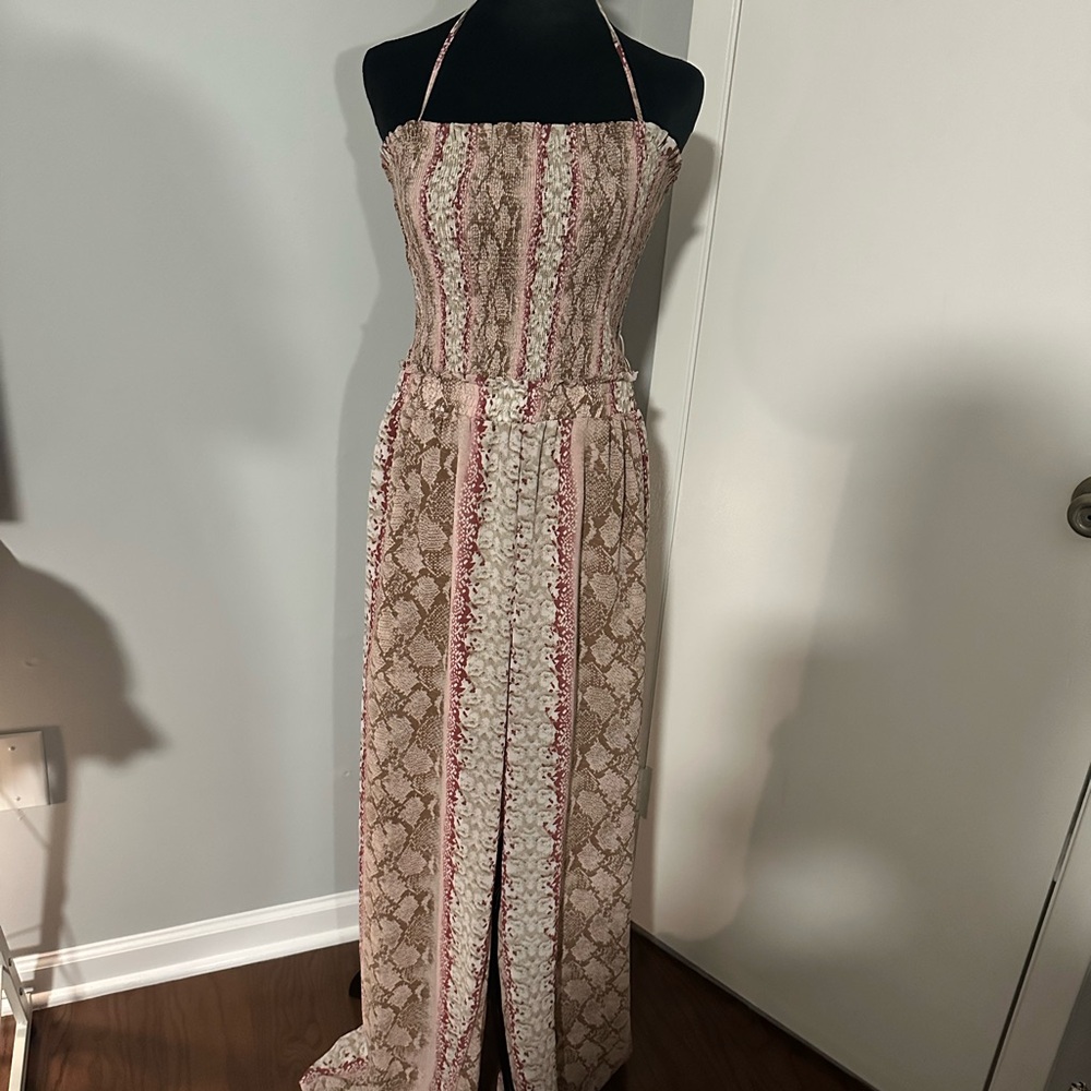 Elegant Halter Maxi Jumpsuit- Beige and Pink